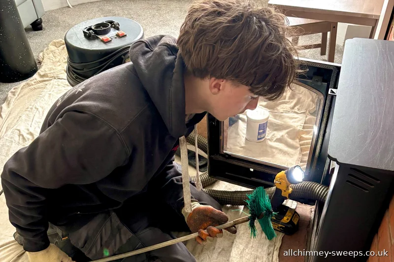 Sonnie Hunter chimney sweep — selecting the correct brush size for an insert wood burning stove sweep, dust sheets laid, Allchimney Sweeps, Romford