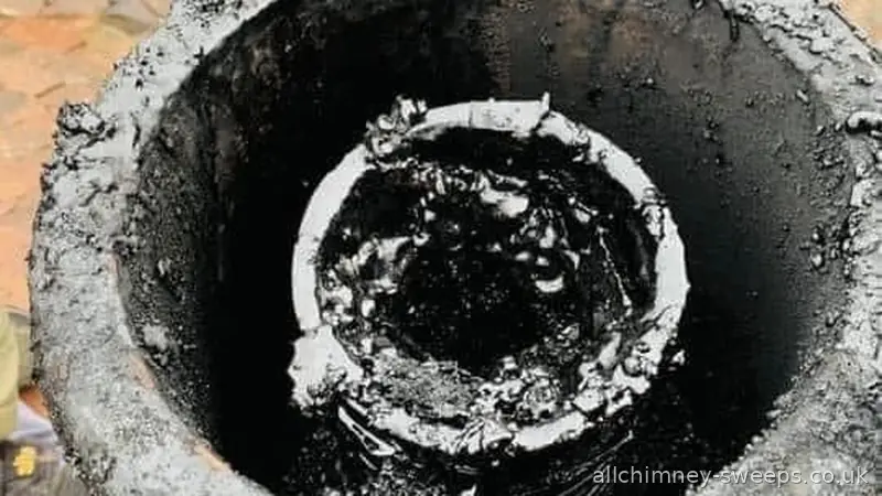 125mm flexible flue liner choked with creosote and tar buildup from burning unseasoned green wood — chimney fire risk, NACS registered sweep inspection, Allchimney Sweeps, Harold Wood