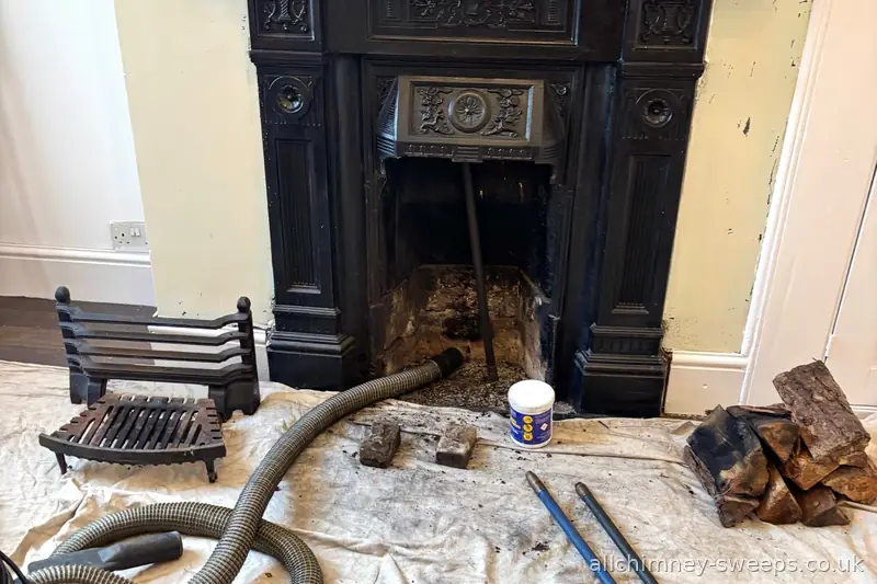 NACS registered chimney inspection on Victorian cast iron fireplace — new home buyers survey, experienced chimney sweep, Allchimney Sweeps, Gidea Park, Romford
